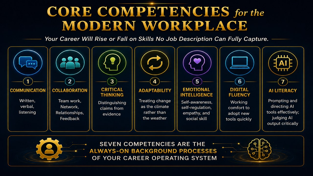 Core Competencies for the Modern Workplace: Communication, Collaboration, Critical Thinking, Adaptability, Emotional Intelligence, Digital Fluency, and AI Literacy — the seven always-on background processes of your Career Operating System