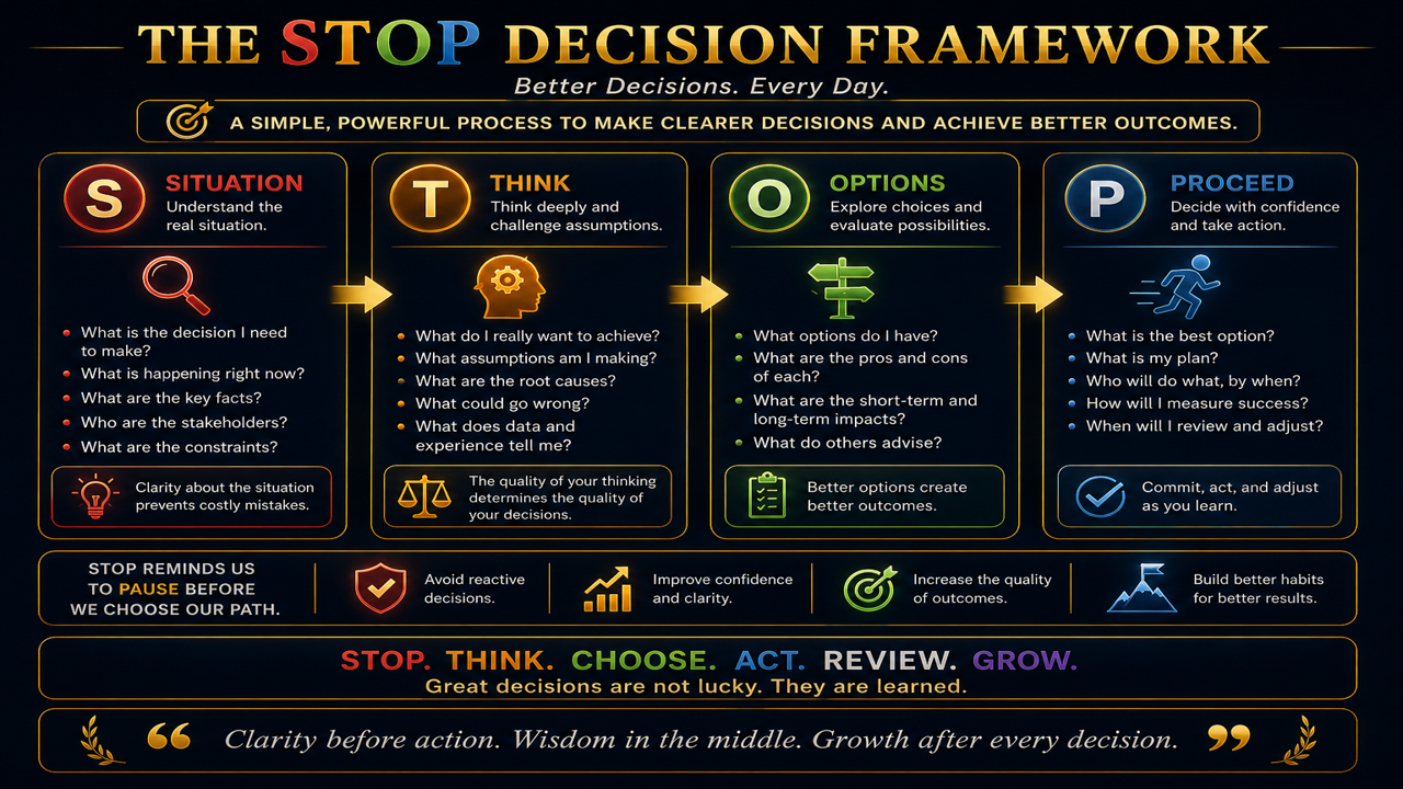 The STOP Decision Framework — Situation, Think, Options, Proceed. Better decisions. Every day.
